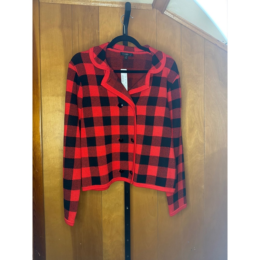 J. Crew Buffalo Check Sweater Blazer Red Black Plaid Knit Jacket Womens Medium